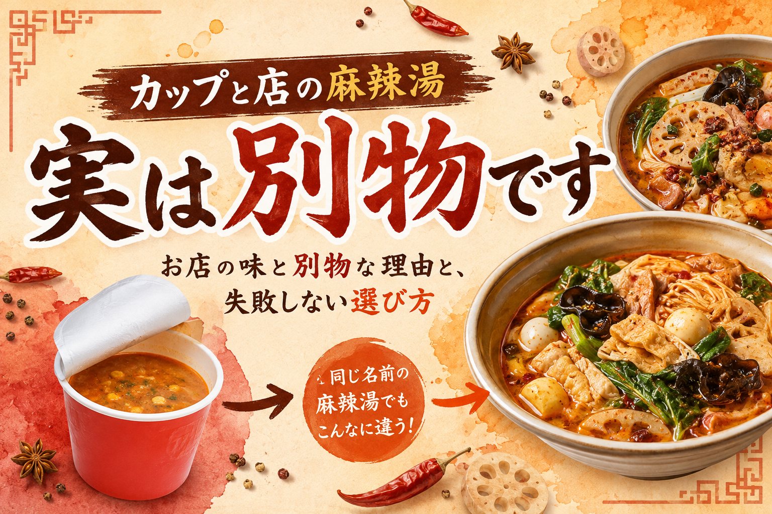 カップの麻辣湯とお店の麻辣湯の比較。同じ名前でも中身が大きく違う